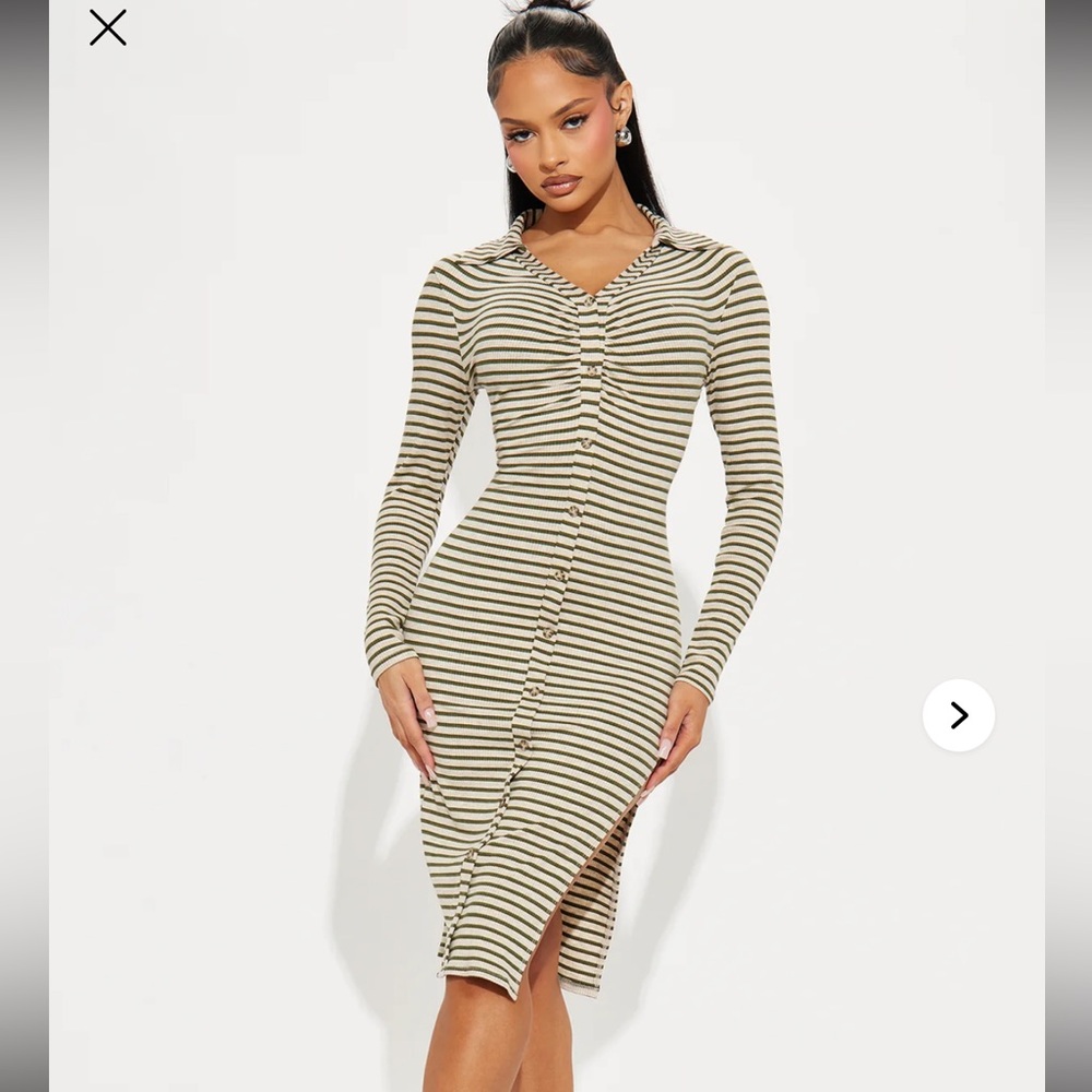 Fashion Nova Cream and Brown Striped Long Sleeve Dress
